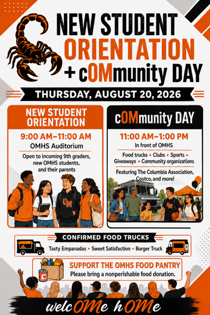 Image of flier for New Student Orientation and Community Day on August 20, 2026.