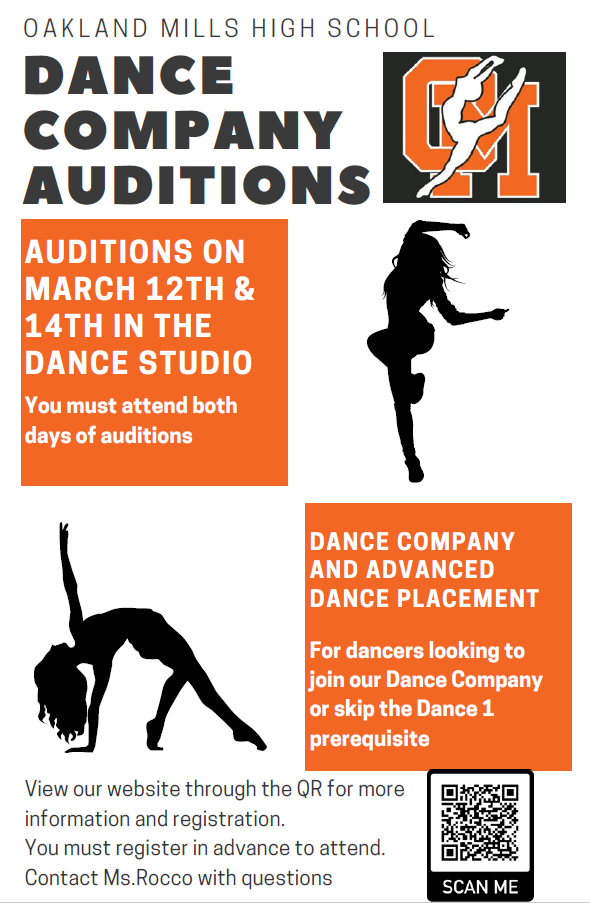 Image of flier for the 2024 OMHS Dance Company auditions.