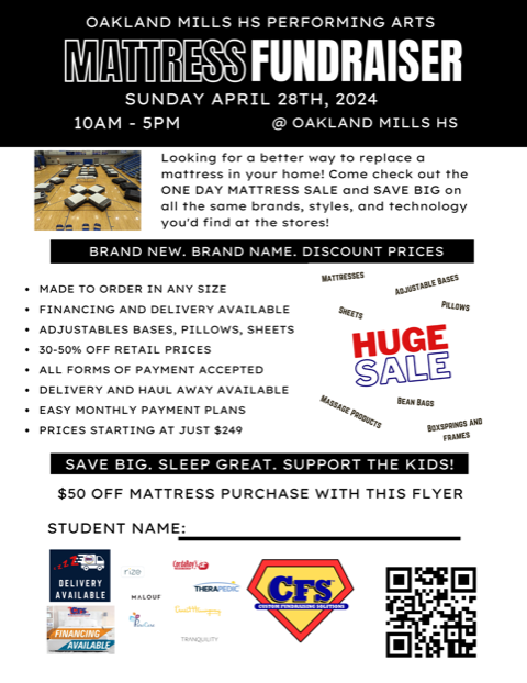 Image of flyer for Fine Arts Booster Mattress Sale on April 28, 2024.
