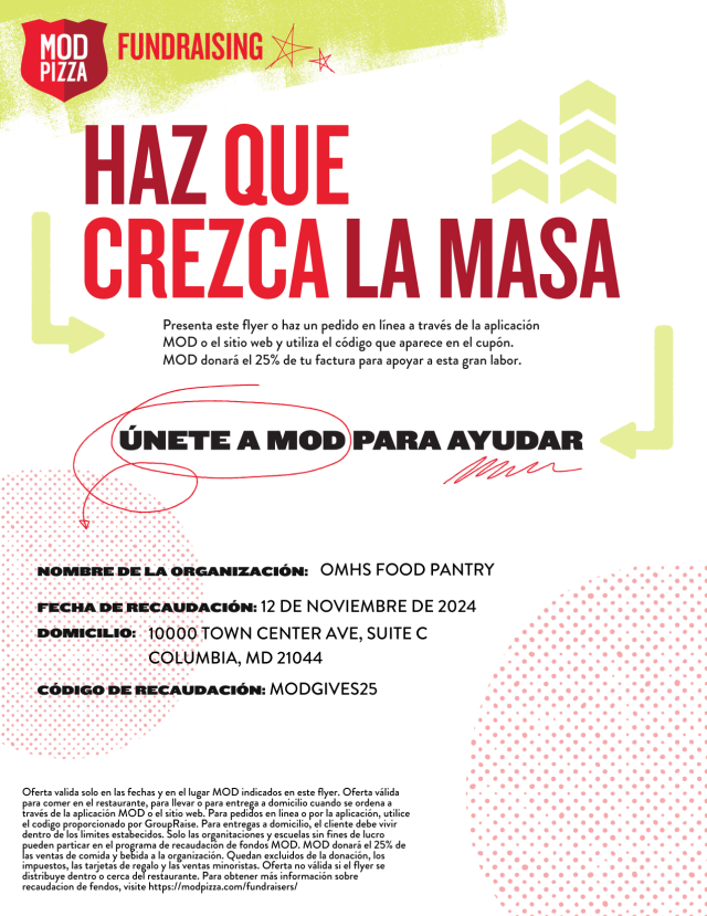 Image of Spanish-language flier for MOD pizza fundraiser.