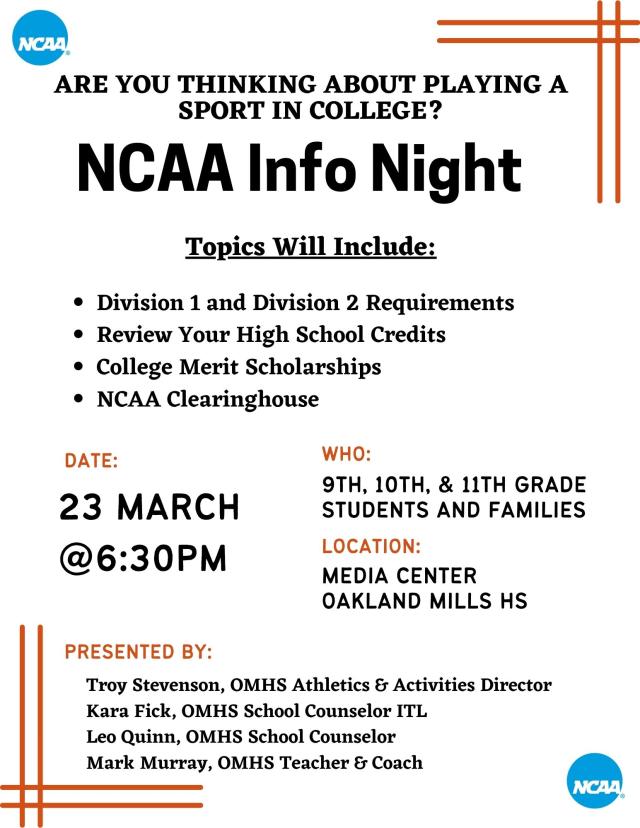 Image of flier for NCAA Info Night.