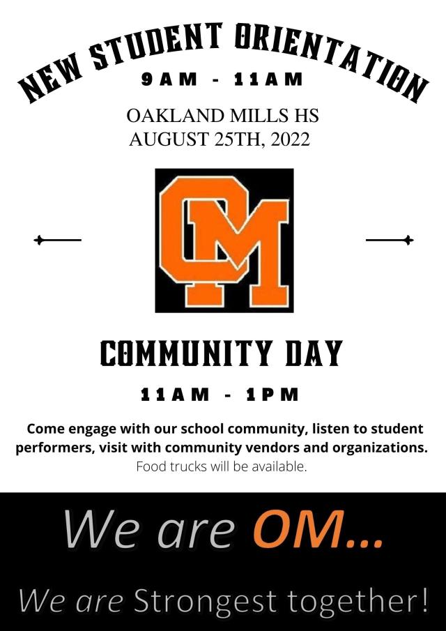 Image of flier for new student orientation and community day on August 25, 2022 from 9am to 1pm.
