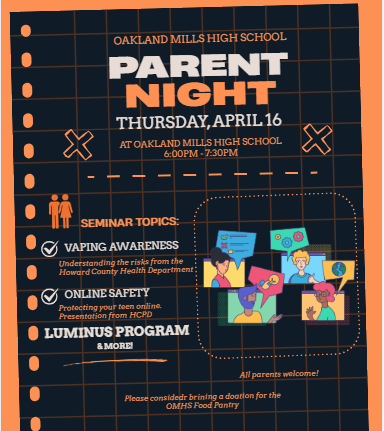 Image of flyer for OMHS Parent Night on April 16, 2026.