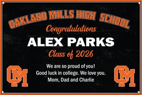 Image of senior banner with black background, student name in white, and orange OM logo.
